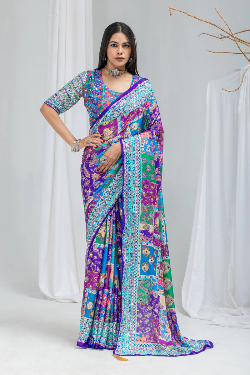 Royal Mosaic Mirror Work Chinon Silk Saree