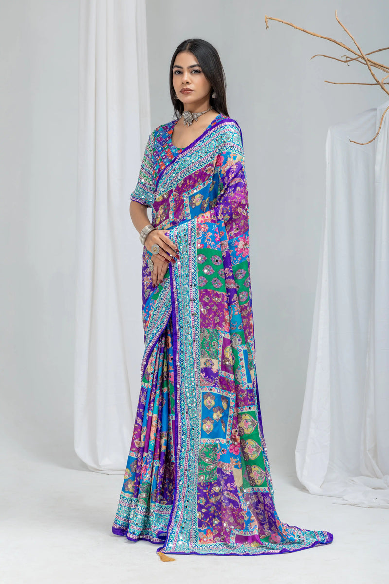 Royal Mosaic Mirror Work Chinon Silk Saree