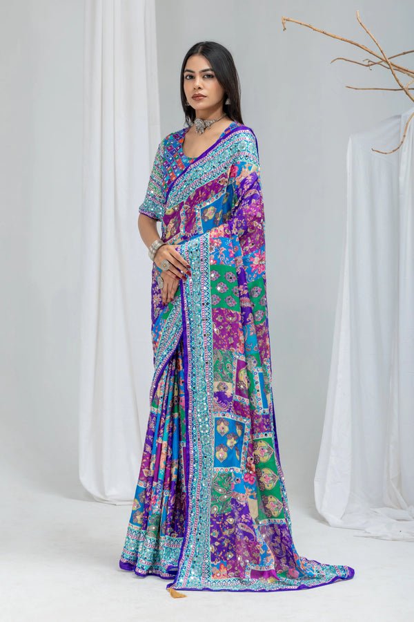 Royal Mosaic Mirror Work Chinon Silk Saree