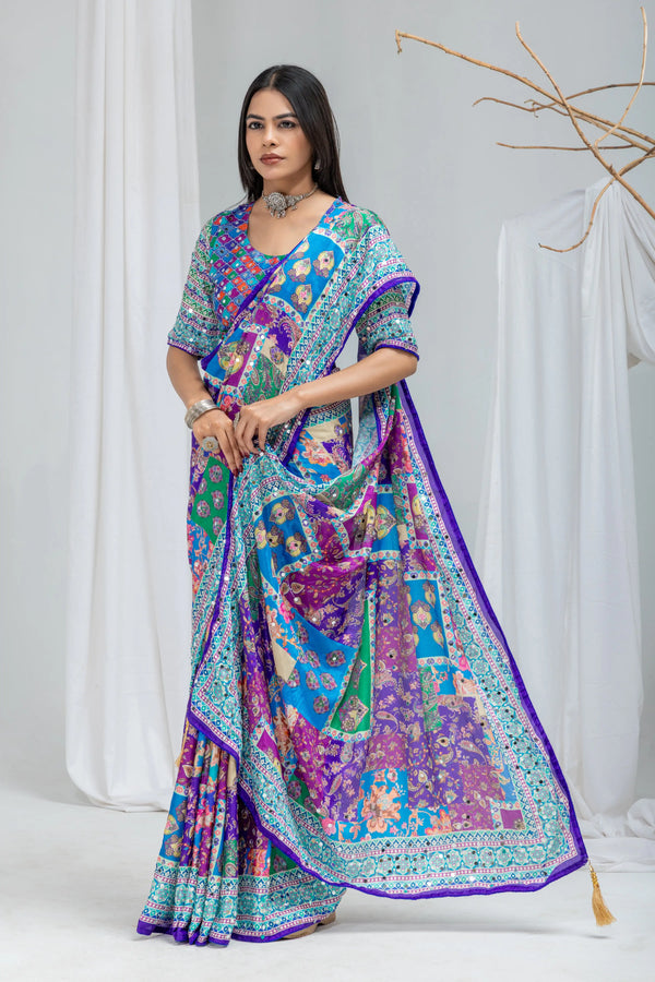 Royal Mosaic Mirror Work Chinon Silk Saree