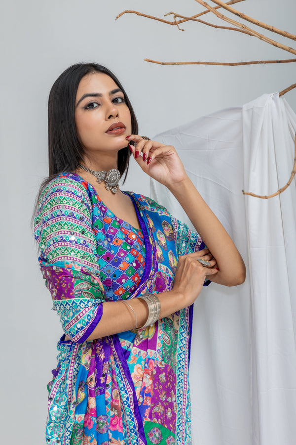 Royal Mosaic Mirror Work Chinon Silk Saree