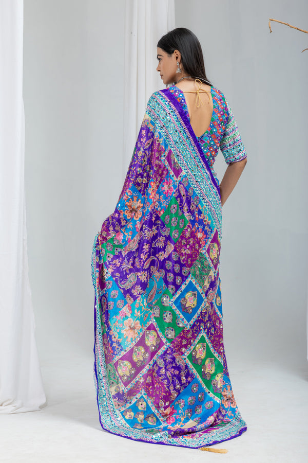 Royal Mosaic Mirror Work Chinon Silk Saree