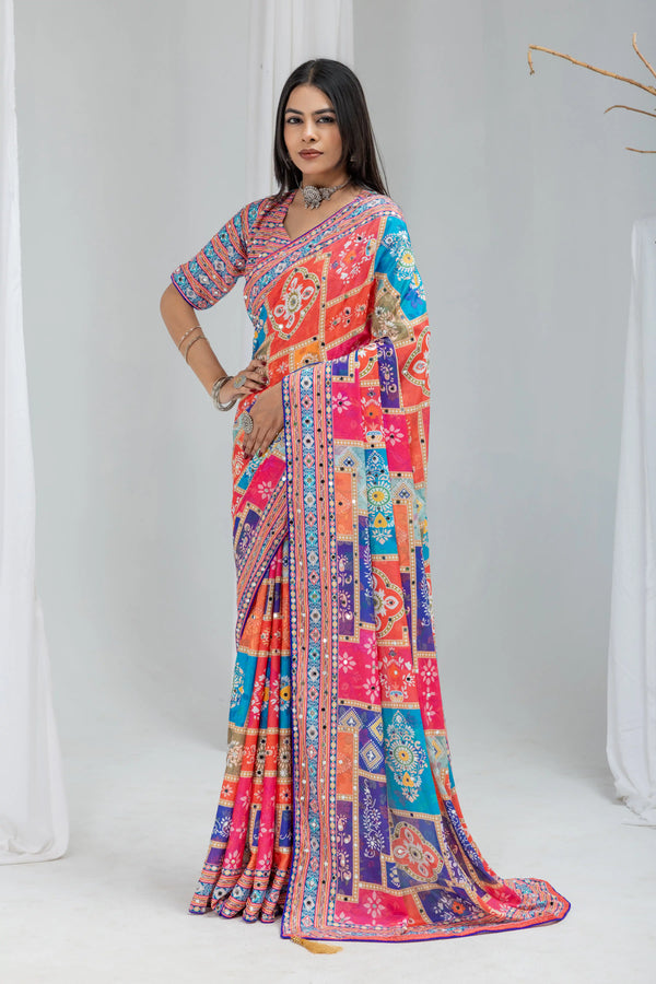 Mahotsav Mirror Work Chinon Silk Saree