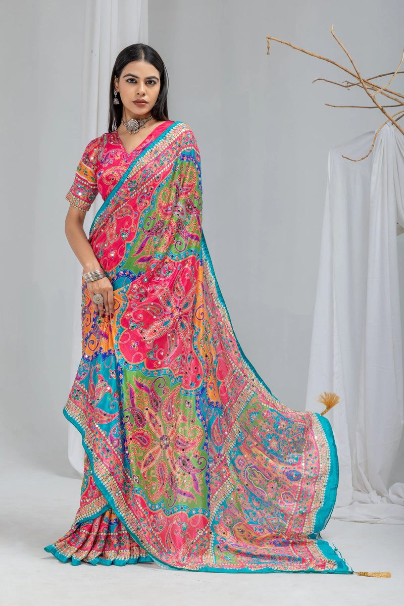 Navrang Mirror Work Chinon Silk Saree
