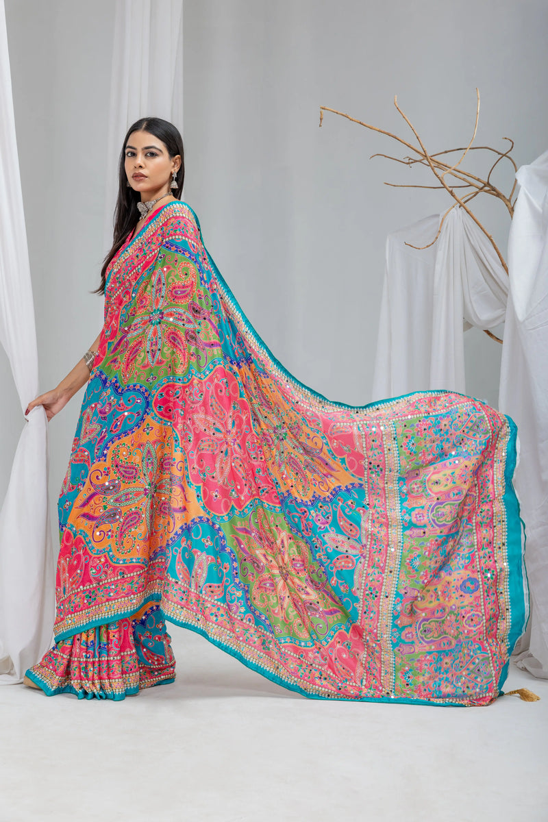 Navrang Mirror Work Chinon Silk Saree