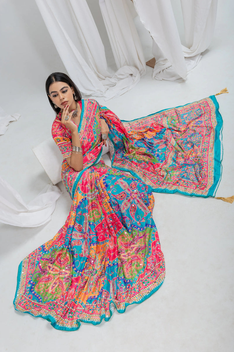 Navrang Mirror Work Chinon Silk Saree