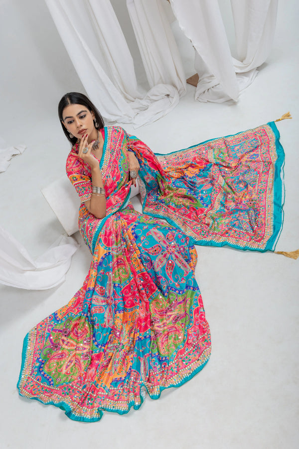 Navrang Mirror Work Chinon Silk Saree