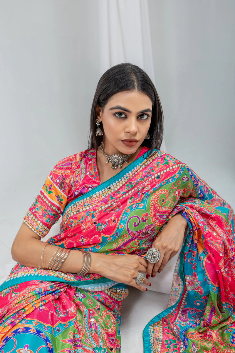 Navrang Mirror Work Chinon Silk Saree
