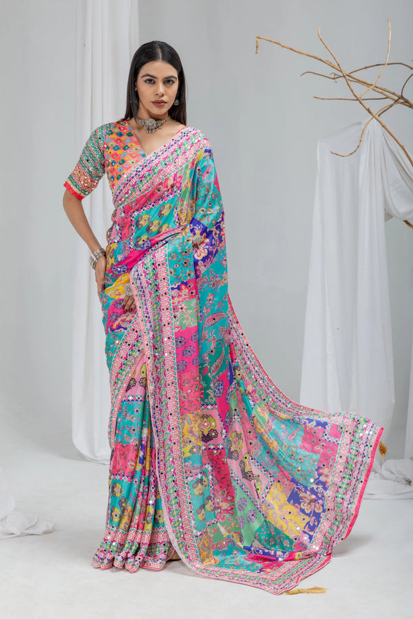 Rangmala Mirror Work Chinon Silk Saree