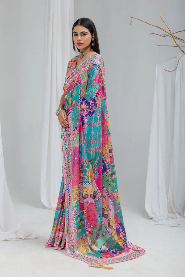 Rangmala Mirror Work Chinon Silk Saree