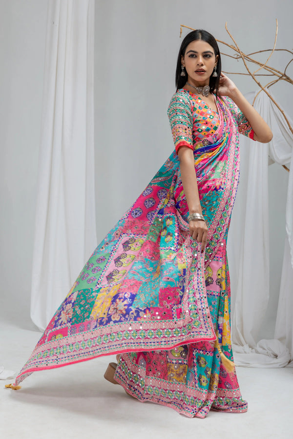 Rangmala Mirror Work Chinon Silk Saree