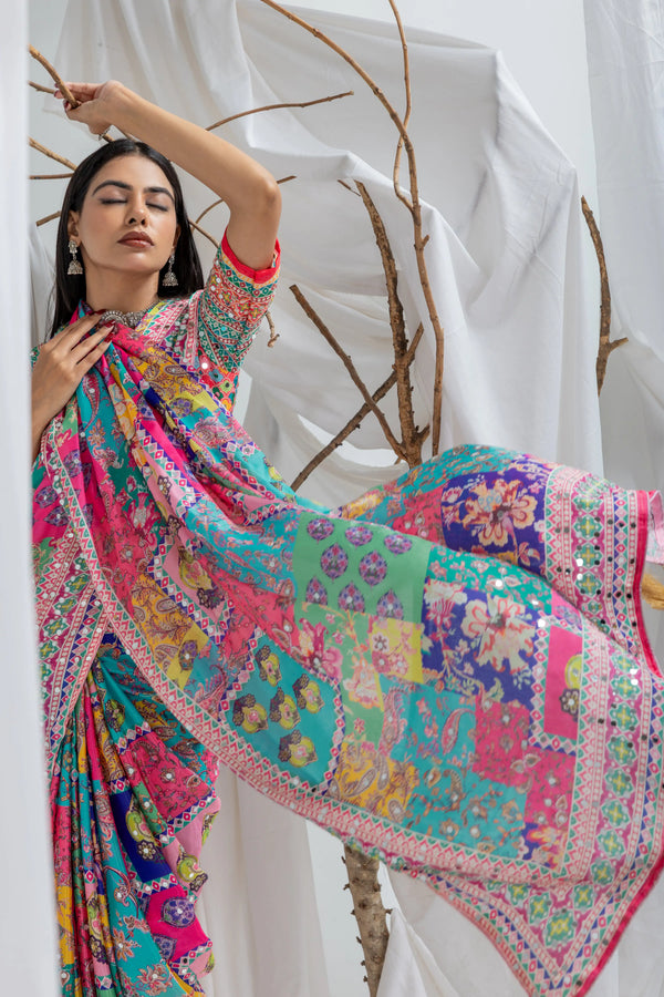 Rangmala Mirror Work Chinon Silk Saree