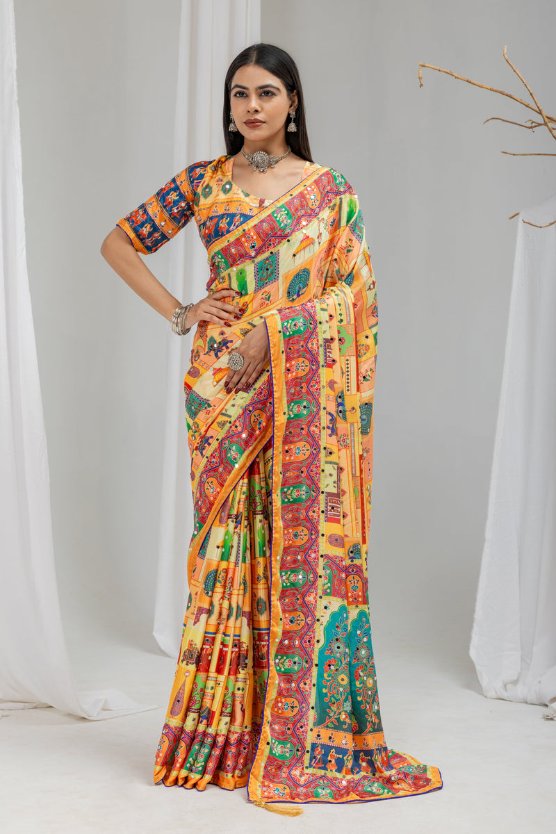Satrangi Mirrorwork Chinon Silk  Saree