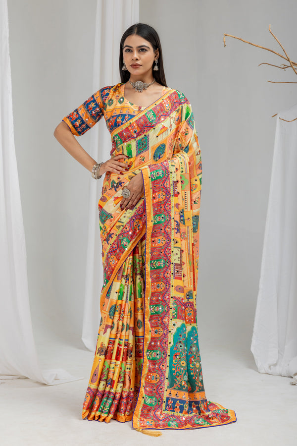 Satrangi Mirrorwork Chinon Silk  Saree