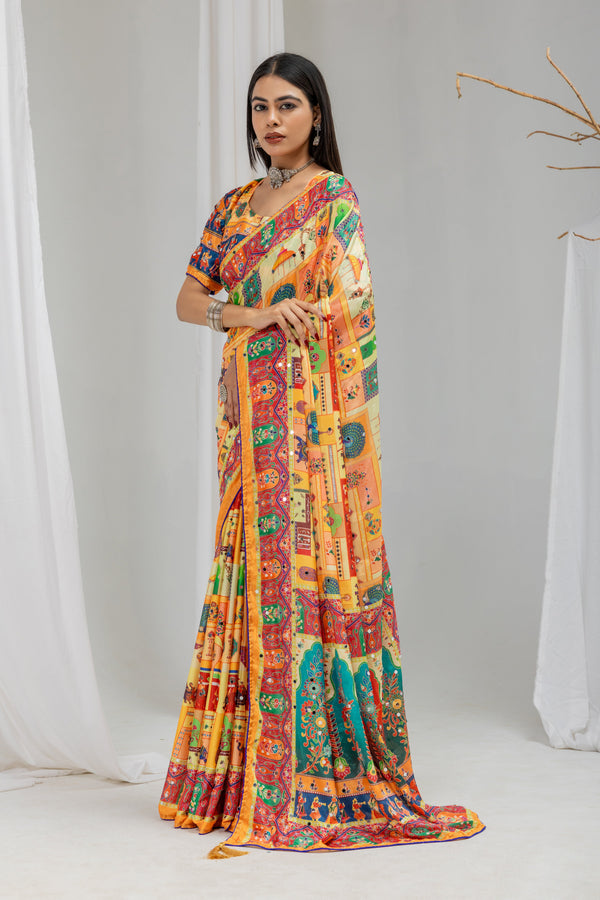 Satrangi Mirrorwork Chinon Silk  Saree