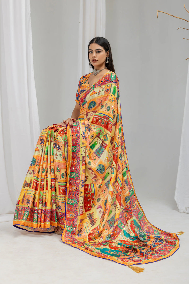Satrangi Mirrorwork Chinon Silk  Saree