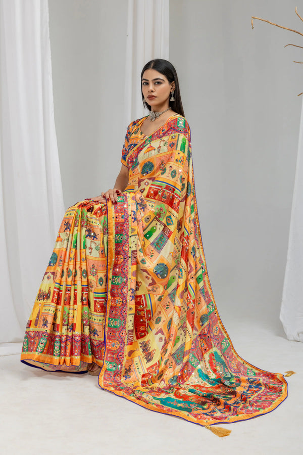 Satrangi Mirrorwork Chinon Silk  Saree