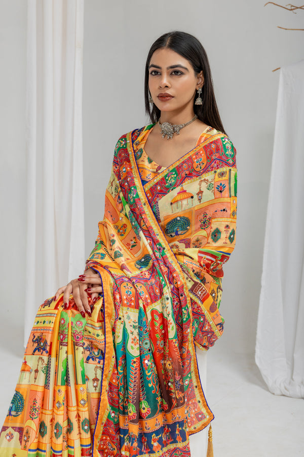Satrangi Mirrorwork Chinon Silk  Saree
