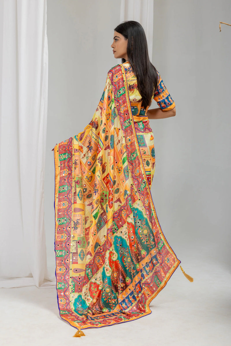 Satrangi Mirrorwork Chinon Silk  Saree