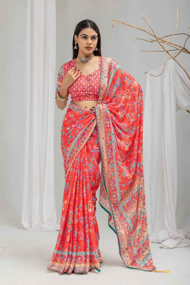 Gulnaar Mirror Work Chinon Silk Saree