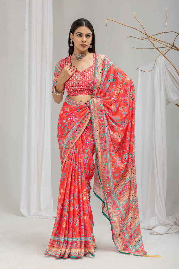 Gulnaar Mirror Work Chinon Silk Saree