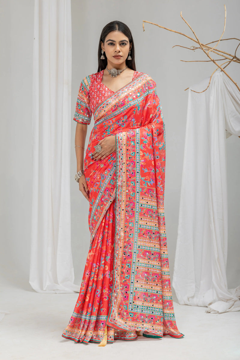Gulnaar Mirror Work Chinon Silk Saree
