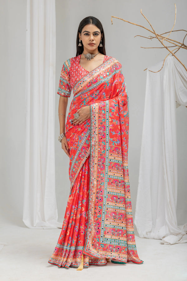 Gulnaar Mirror Work Chinon Silk Saree