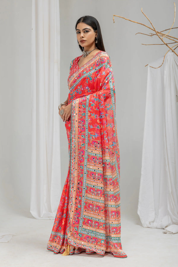 Gulnaar Mirror Work Chinon Silk Saree