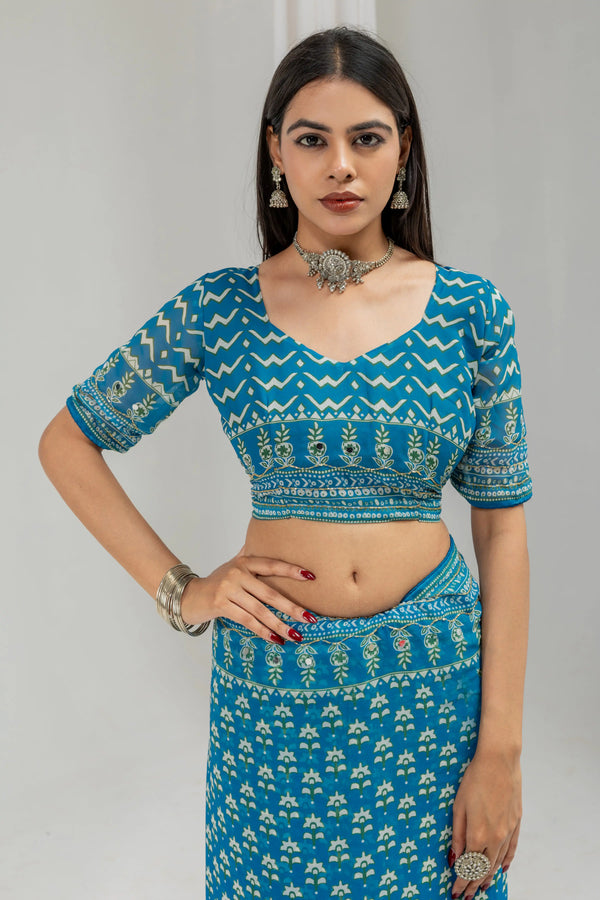 Royal Print Chinon Silk Saree | Bollywood Inspired Designer Saree with Matching Blouse Piece