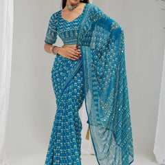 Royal Print Chinon Silk Saree | Bollywood Inspired Designer Saree with Matching Blouse Piece