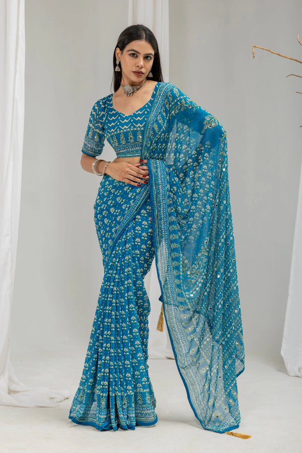 Royal Print Chinon Silk Saree | Bollywood Inspired Designer Saree with Matching Blouse Piece