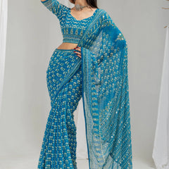 Royal Print Chinon Silk Saree | Bollywood Inspired Designer Saree with Matching Blouse Piece