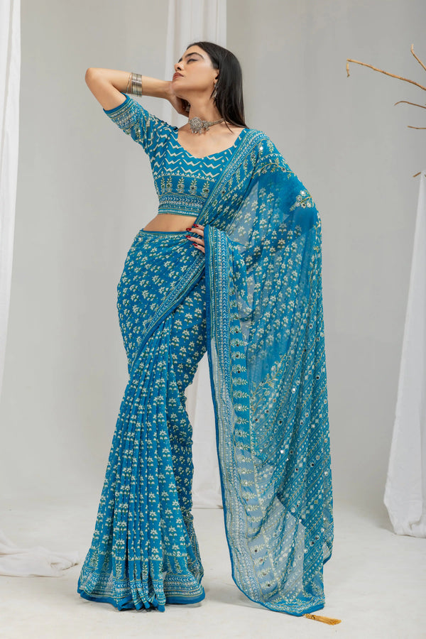 Royal Print Chinon Silk Saree | Bollywood Inspired Designer Saree with Matching Blouse Piece