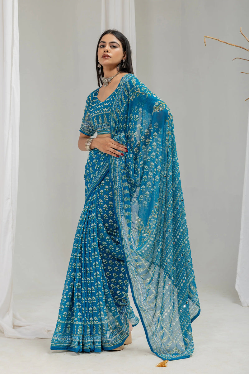 Royal Print Chinon Silk Saree | Bollywood Inspired Designer Saree with Matching Blouse Piece