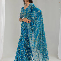 Royal Print Chinon Silk Saree | Bollywood Inspired Designer Saree with Matching Blouse Piece