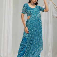 Royal Print Chinon Silk Saree | Bollywood Inspired Designer Saree with Matching Blouse Piece