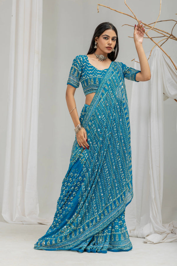 Royal Print Chinon Silk Saree | Bollywood Inspired Designer Saree with Matching Blouse Piece