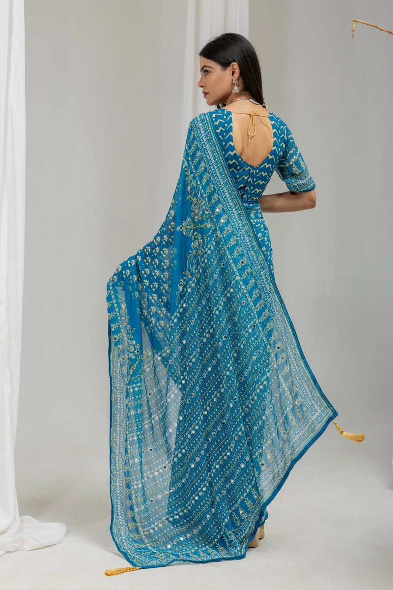 Royal Print Chinon Silk Saree | Bollywood Inspired Designer Saree with Matching Blouse Piece