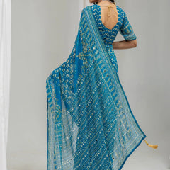 Royal Print Chinon Silk Saree | Bollywood Inspired Designer Saree with Matching Blouse Piece