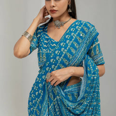 Royal Print Chinon Silk Saree | Bollywood Inspired Designer Saree with Matching Blouse Piece