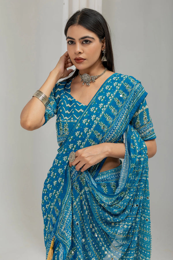 Royal Print Chinon Silk Saree | Bollywood Inspired Designer Saree with Matching Blouse Piece
