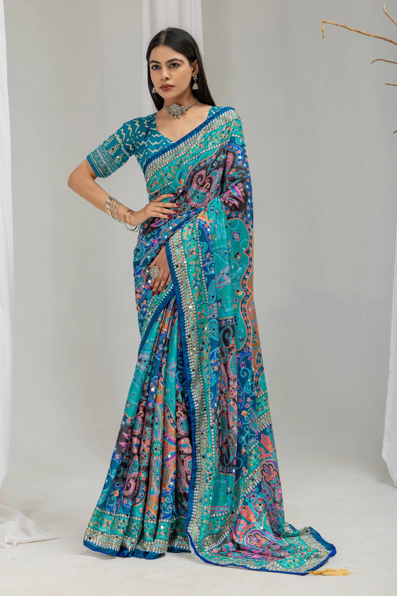 Neelanjana Paisley Mirror Work Chinon Silk Saree