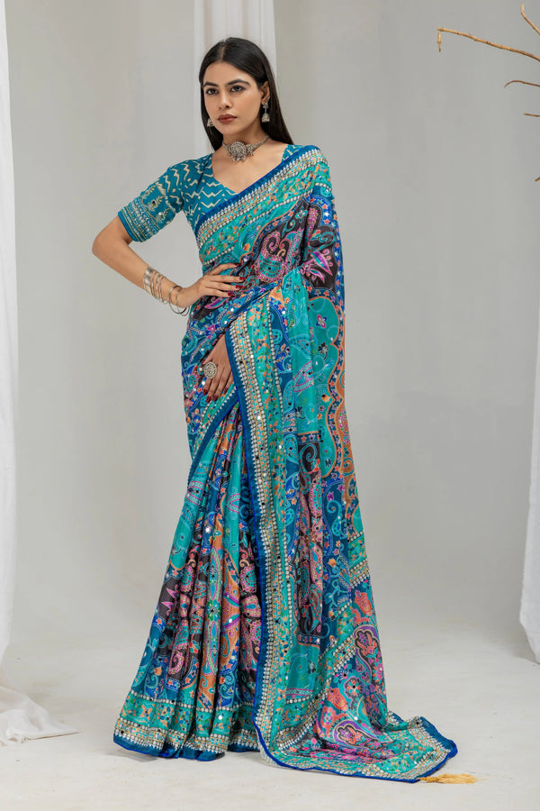 Neelanjana Paisley Mirror Work Chinon Silk Saree