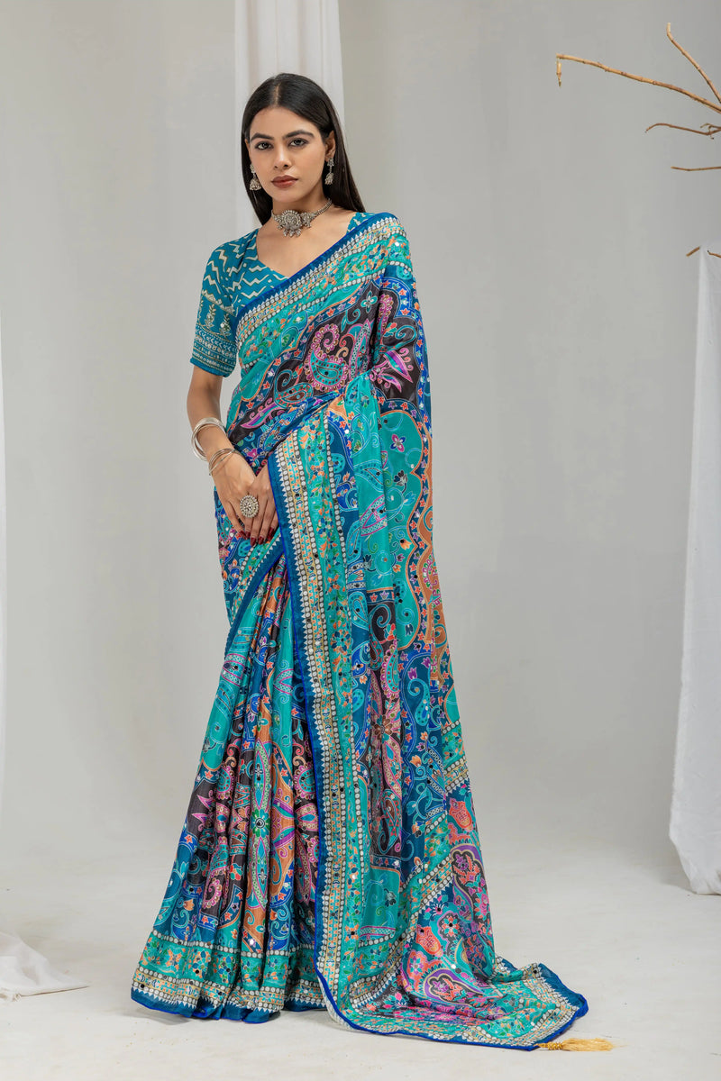 Neelanjana Paisley Mirror Work Chinon Silk Saree