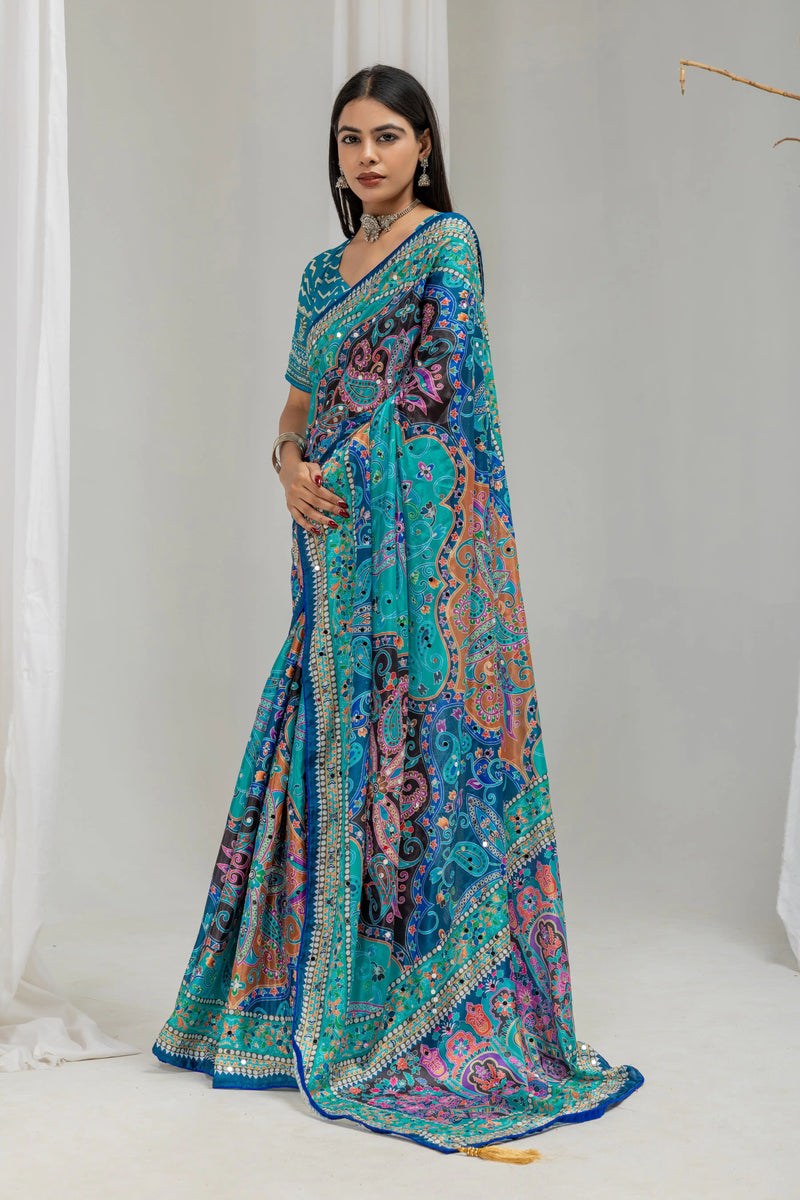 Neelanjana Paisley Mirror Work Chinon Silk Saree