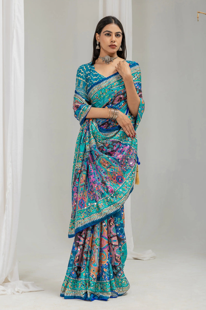Neelanjana Paisley Mirror Work Chinon Silk Saree