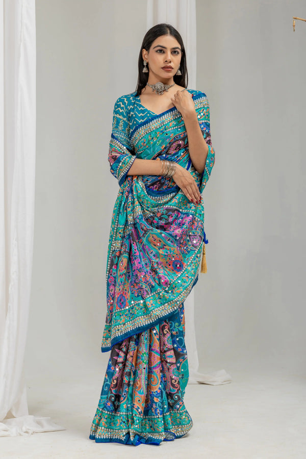 Neelanjana Paisley Mirror Work Chinon Silk Saree