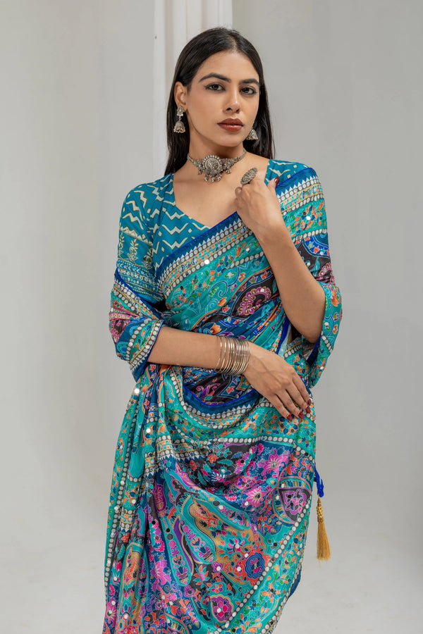 Neelanjana Paisley Mirror Work Chinon Silk Saree