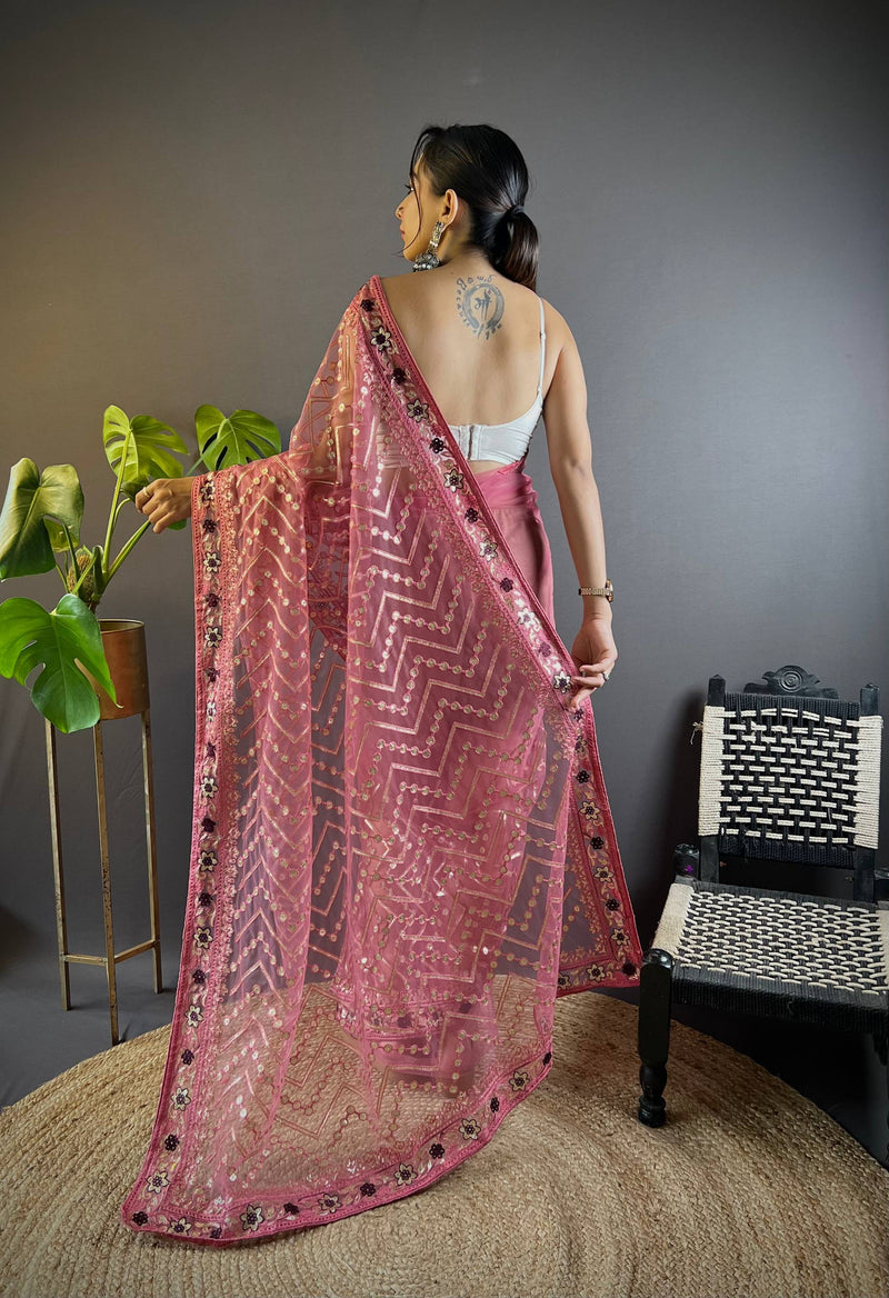 Triveni Embellished Net Saree - Gulabi
