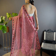 Triveni Embellished Net Saree - Gulabi